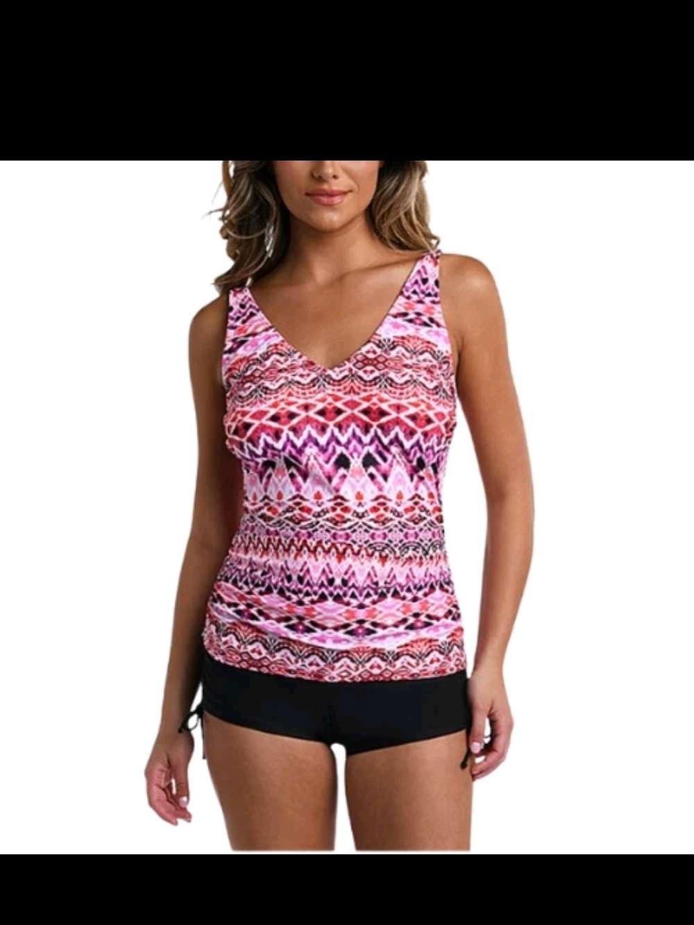 V-Neck Pink Geometric Swim Tank Top